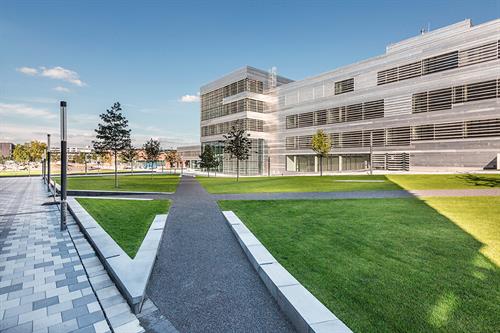 Dieses Bild zeigt das Gebäude der Fachbereiche Sozial- und Kulturwissenschaften und Wirtschaftswissenschaften. Innen ist das Gebäude mit grünen Elementen versehen, außen besteht das Gebäude aus Glas und Stahl.